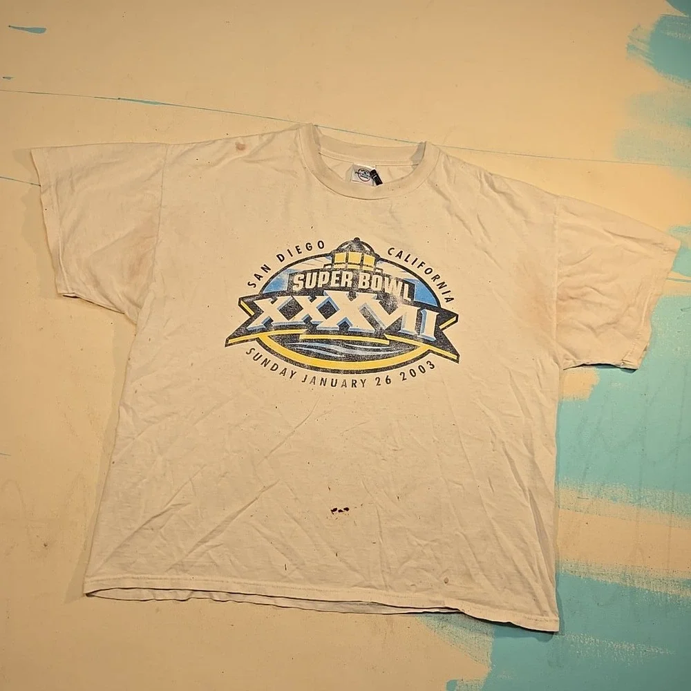 VTG 2003 Delta‎ XL Super Bowl XXXVII T-Shirt Distressed White Event Football NFL